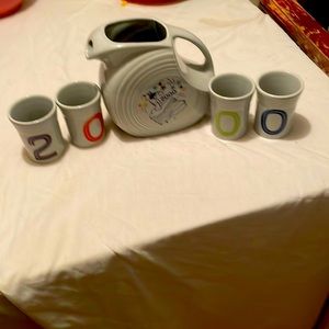 Fiestaware Lg Disk Pitcher 2000 Millennium Pitcher and 4 tumblers,Gray, Fiesta